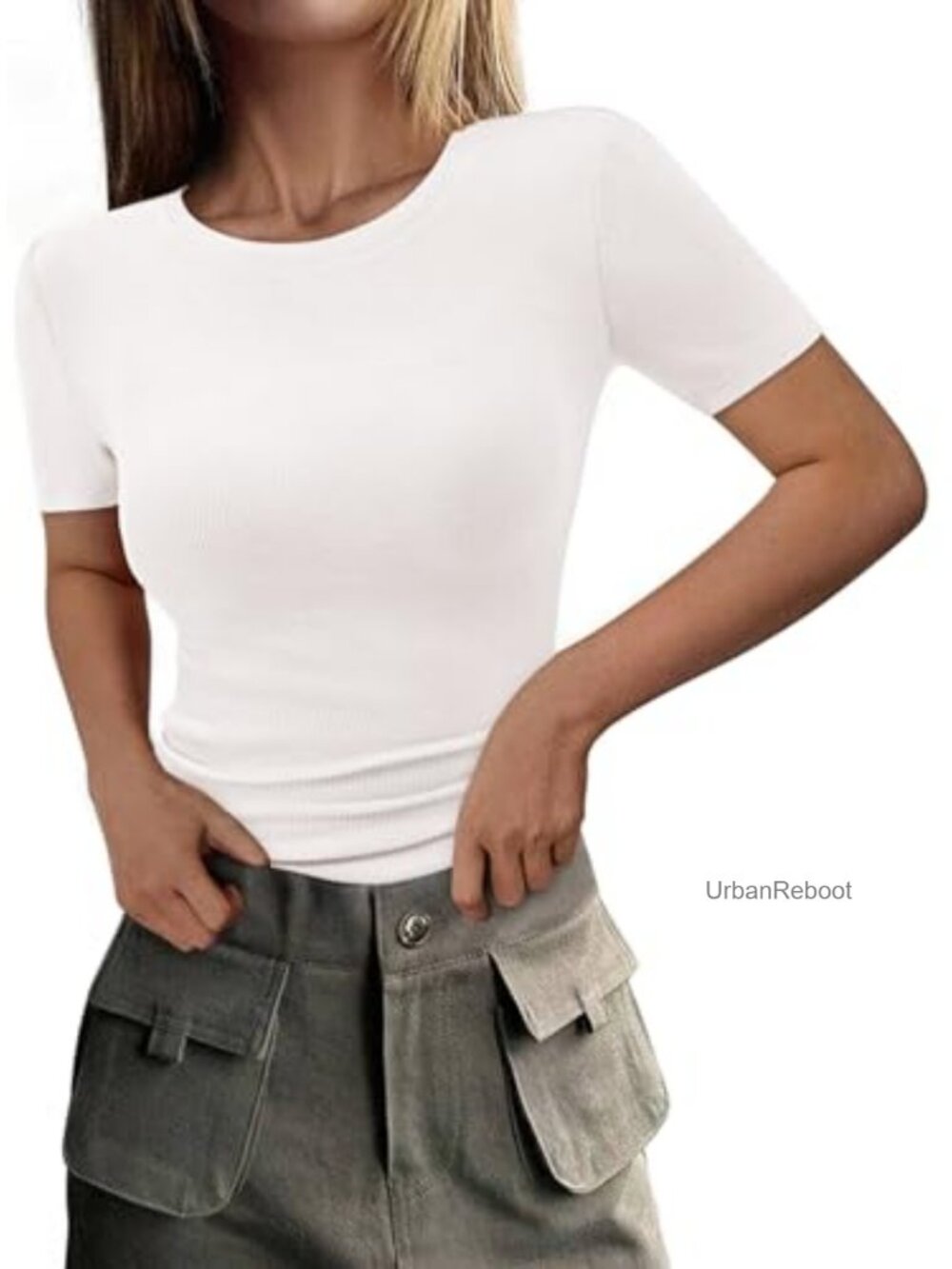 Womens Ribbed Slim Fit Short Sleeve T-Shirt Crew Neck Knit Tee